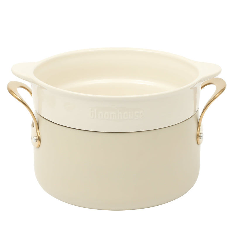 Bloomhouse 8pc Aluminum Cookware Set - Linen - Taupe Ceramic Interior - Nonstick - Gold PVD Stainless Steel Rim Glass Lid - Induction - Cast Stainless Steel Gold PVD Handle - Gift Box w/ Remailer