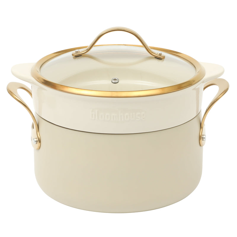 Bloomhouse 8pc Aluminum Cookware Set - Linen - Taupe Ceramic Interior - Nonstick - Gold PVD Stainless Steel Rim Glass Lid - Induction - Cast Stainless Steel Gold PVD Handle - Gift Box w/ Remailer