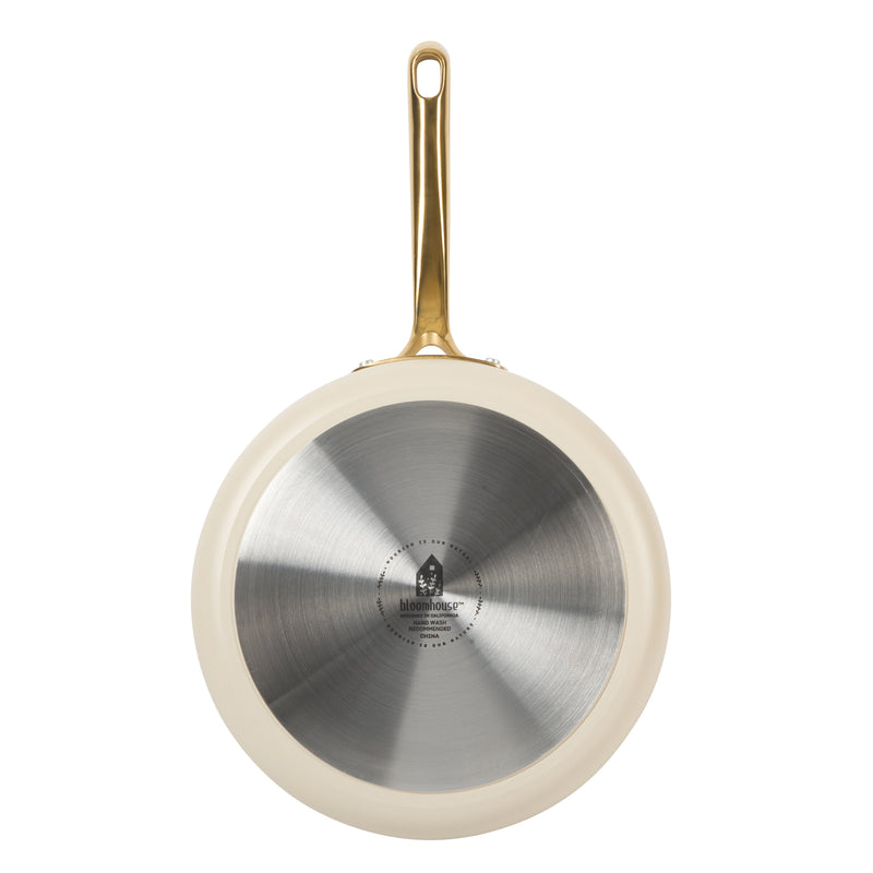 Bloomhouse 10" Aluminum Frying Pan w/ lid - Linen - Taupe Ceramic Nonstick Interior - Induction - Cast Stainless Steel Gold PVD Handle - Gift Box w/ Remailer