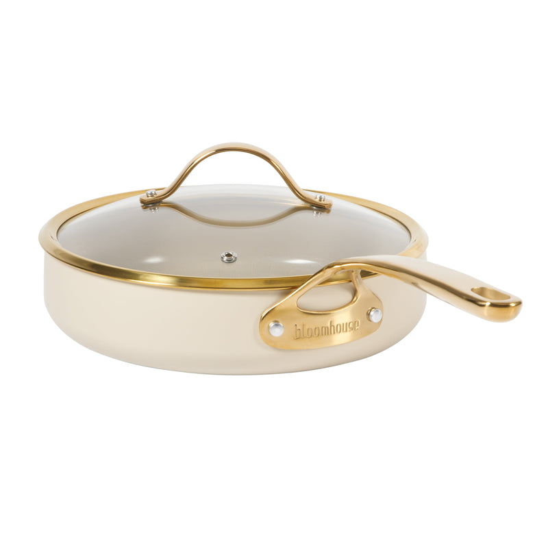 Bloomhouse 10" Aluminum Frying Pan w/ lid - Linen - Taupe Ceramic Nonstick Interior - Induction - Cast Stainless Steel Gold PVD Handle - Gift Box w/ Remailer