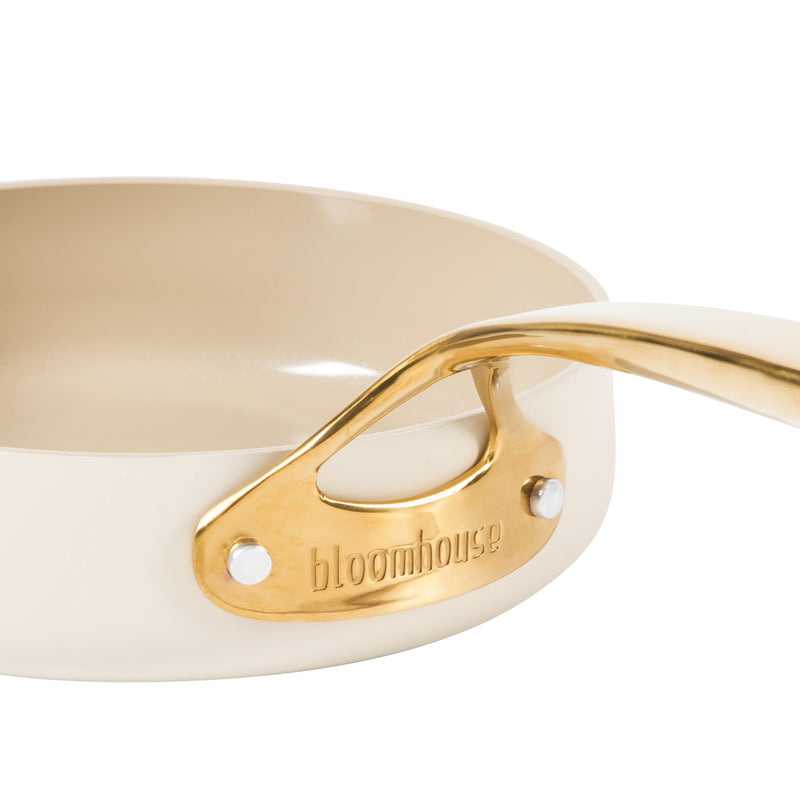 Bloomhouse 8" Aluminum Frying Pan - Linen - Taupe Ceramic Interior - Ceramic Nonstick - Induction - Cast Stainless Steel Gold PVD Handle - Gift Box w/ Remailer
