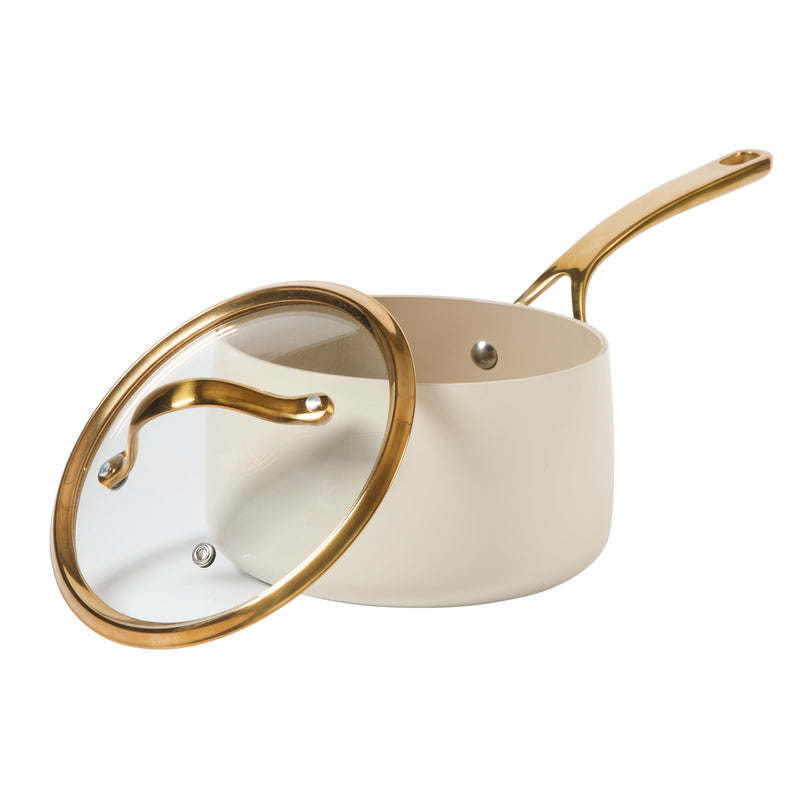 Bloomhouse 3qt Aluminum Saucepan w/ Lid - Linen - Taupe Ceramic Interior - Nonstick - Induction - Cast Stainless Steel Gold PVD Handle - Gift Box w/ Remailer