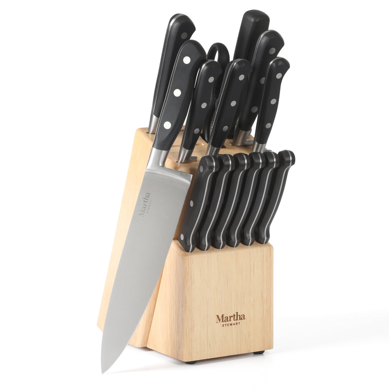 Martha Stewart Carverton 15pc Stainless Steel Cutlery Set w/ Rubberwood Block - Black - Traditional Shape - ABS Forged Handle - Gift Box