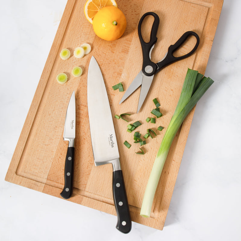 Martha Stewart Carverton 15pc Stainless Steel Cutlery Set w/ Rubberwood Block - Black - Traditional Shape - ABS Forged Handle - Gift Box
