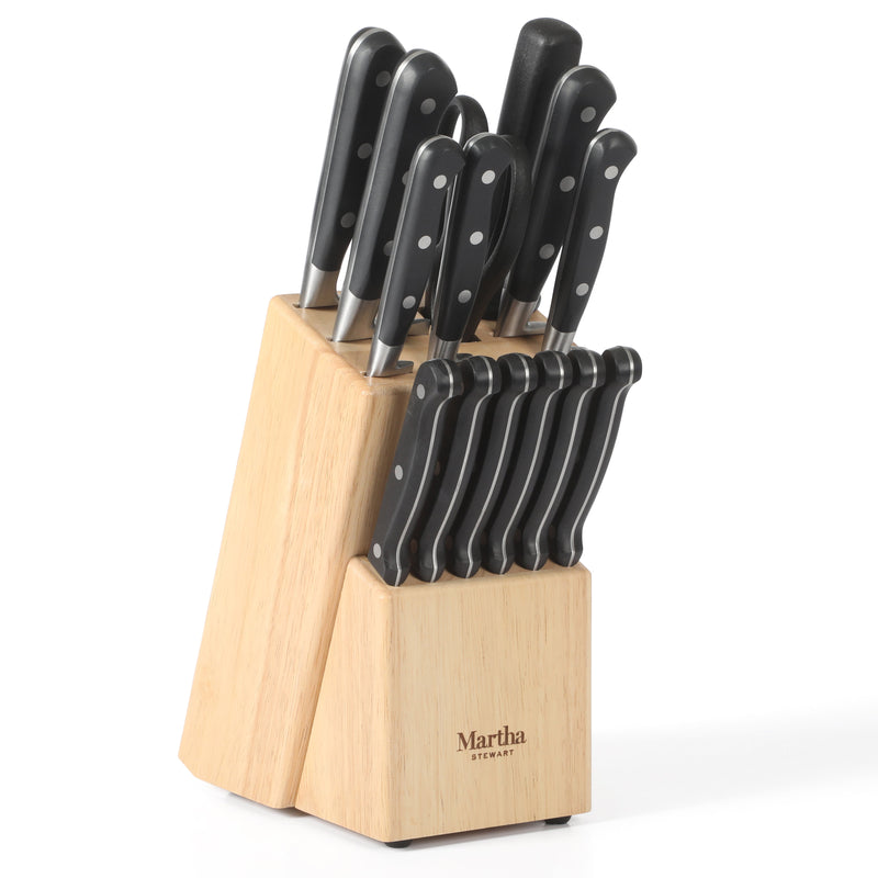 Martha Stewart Carverton 15pc Stainless Steel Cutlery Set w/ Rubberwood Block - Black - Traditional Shape - ABS Forged Handle - Gift Box