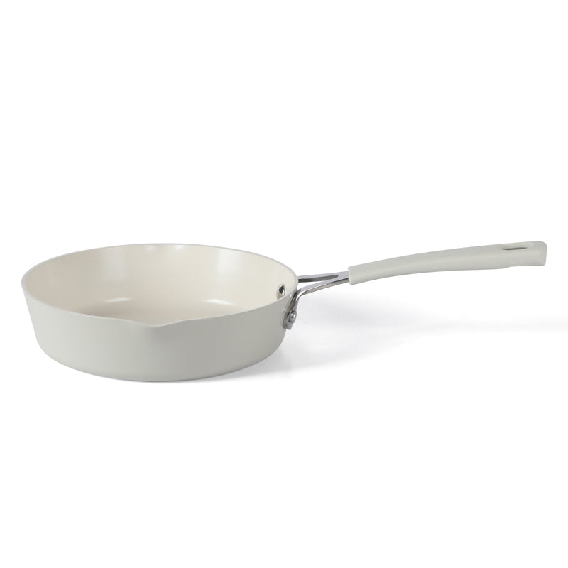 Martha Stewart 8" Heathland Aluminum Frying Pan - Linen - Taper Shape - Off White Ceramic Interior - Induction - Silicone Handle - Color Sleeve