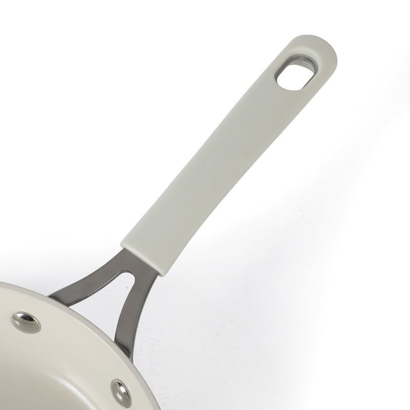 Martha Stewart 8" Heathland Aluminum Frying Pan - Linen - Taper Shape - Off White Ceramic Interior - Induction - Silicone Handle - Color Sleeve