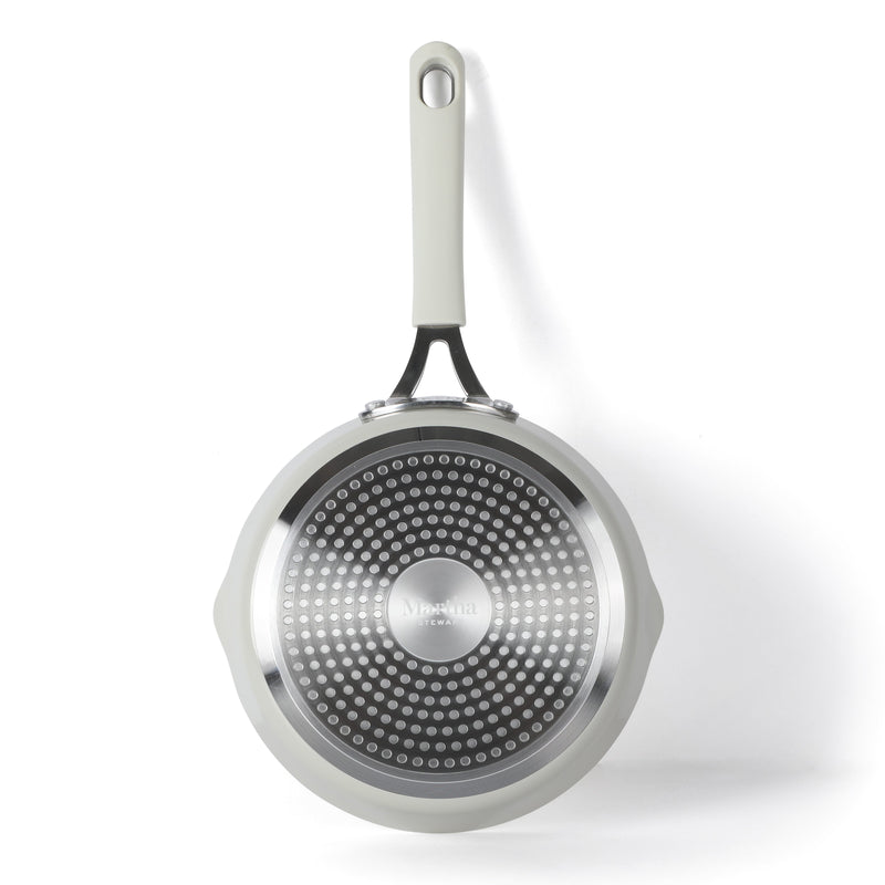 Martha Stewart 8" Heathland Aluminum Frying Pan - Linen - Taper Shape - Off White Ceramic Interior - Induction - Silicone Handle - Color Sleeve
