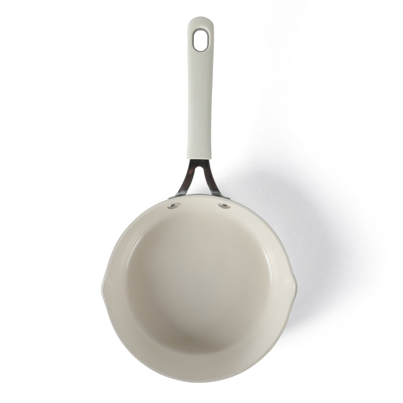 Martha Stewart 8" Heathland Aluminum Frying Pan - Linen - Taper Shape - Off White Ceramic Interior - Induction - Silicone Handle - Color Sleeve
