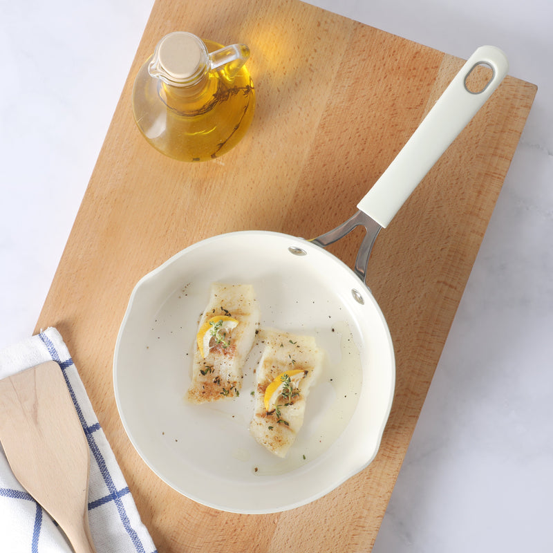 Martha Stewart 8" Heathland Aluminum Frying Pan - Linen - Taper Shape - Off White Ceramic Interior - Induction - Silicone Handle - Color Sleeve