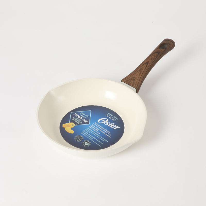 Oster Amberg Choice 8" Aluminum Frying Pan - Matte White - White Ceramic Interior - Wood Look Soft Touch Bakelite Handle - O/S - Color Label