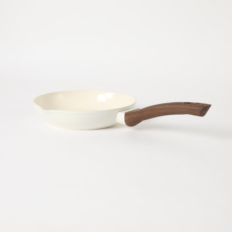 Oster Amberg Choice 8" Aluminum Frying Pan - Matte White - White Ceramic Interior - Wood Look Soft Touch Bakelite Handle - O/S - Color Label