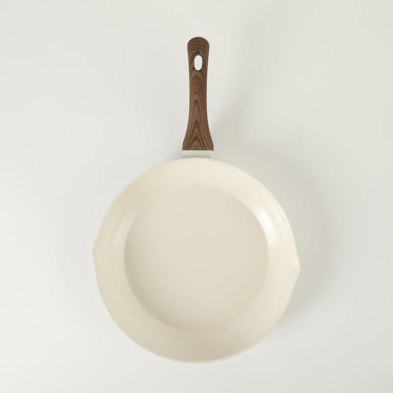 Oster Amberg Choice 12" Aluminum Frying Pan - Matte White - White Ceramic Interior - Wood Look Soft Touch Bakelite Handle - O/S - Color Label