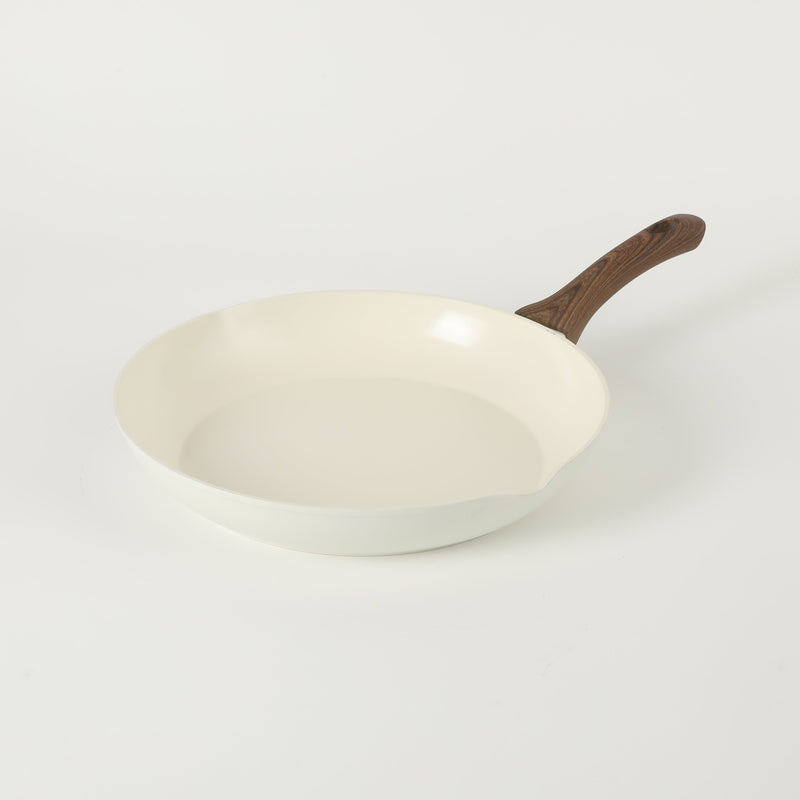 Oster Amberg Choice 12" Aluminum Frying Pan - Matte White - White Ceramic Interior - Wood Look Soft Touch Bakelite Handle - O/S - Color Label
