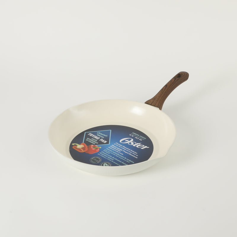 Oster Amberg Choice 12" Aluminum Frying Pan - Matte White - White Ceramic Interior - Wood Look Soft Touch Bakelite Handle - O/S - Color Label