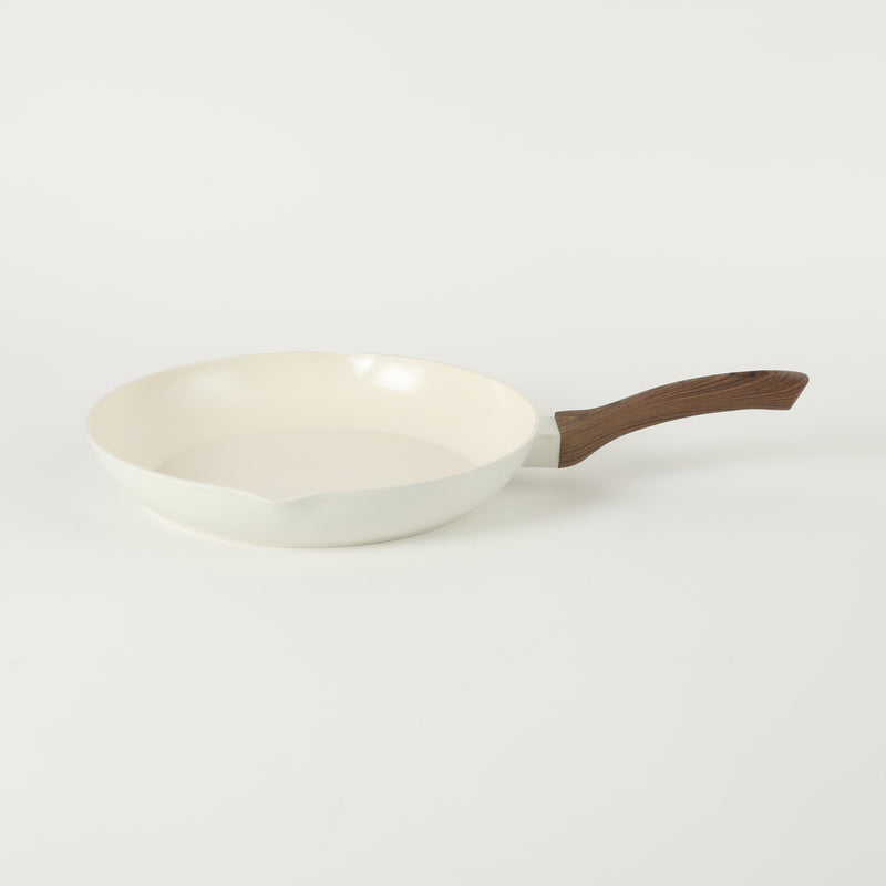 Oster Amberg Choice 12" Aluminum Frying Pan - Matte White - White Ceramic Interior - Wood Look Soft Touch Bakelite Handle - O/S - Color Label