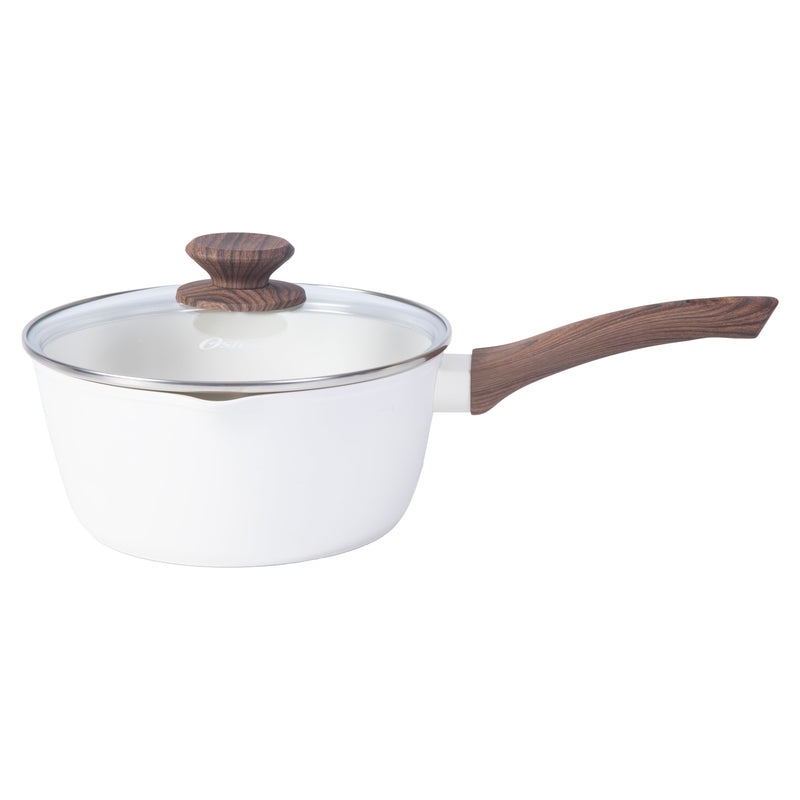 Oster Amberg Choice 2.5qt Aluminum Saucepan w/ Lid - Matte White - White Ceramic Interior - Wood Look Soft Touch Bakelite Handle - Color Label
