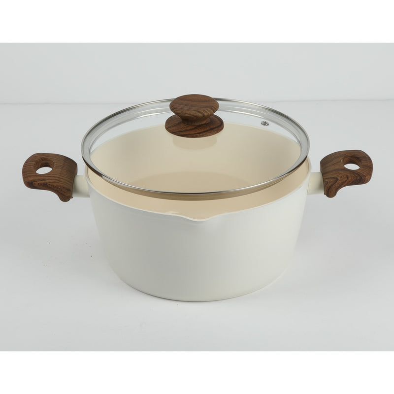 Oster Amberg Choice 4.7qt Aluminum Dutch Oven w/Lid - Matte White - White Ceramic Interior - Wood Look Soft Touch Bakelite Handle - Color Label