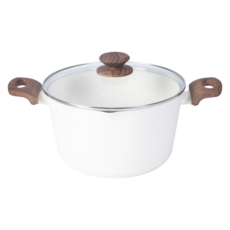 Oster Amberg Choice 4.7qt Aluminum Dutch Oven w/Lid - Matte White - White Ceramic Interior - Wood Look Soft Touch Bakelite Handle - Color Label