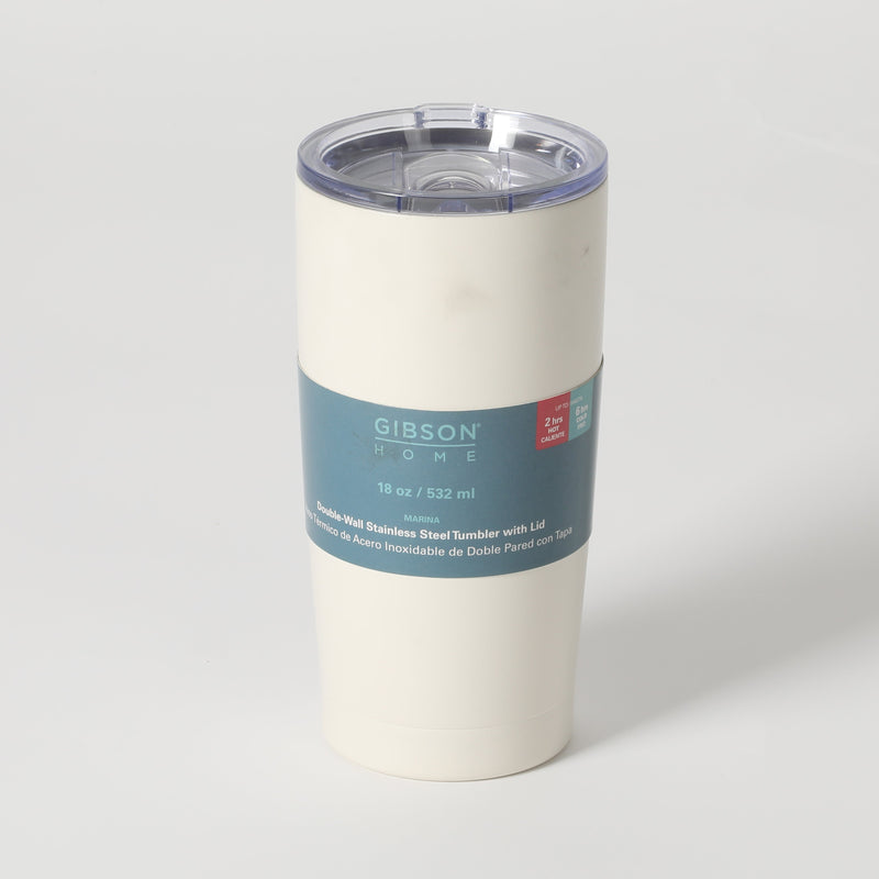 Gibson Home Marina 18 oz Stainless Steel Thermal Tumbler - Double Wall - Matte - Cream - Acrylic Lid - Color Sleeve