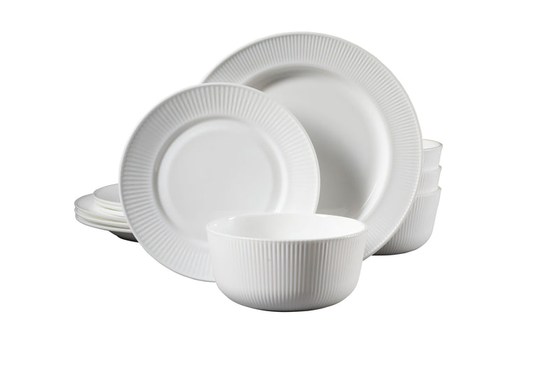 Gibson Home Swanton 12pc Opal Glass Dinnerware Set - White - Embossed - Gift Box