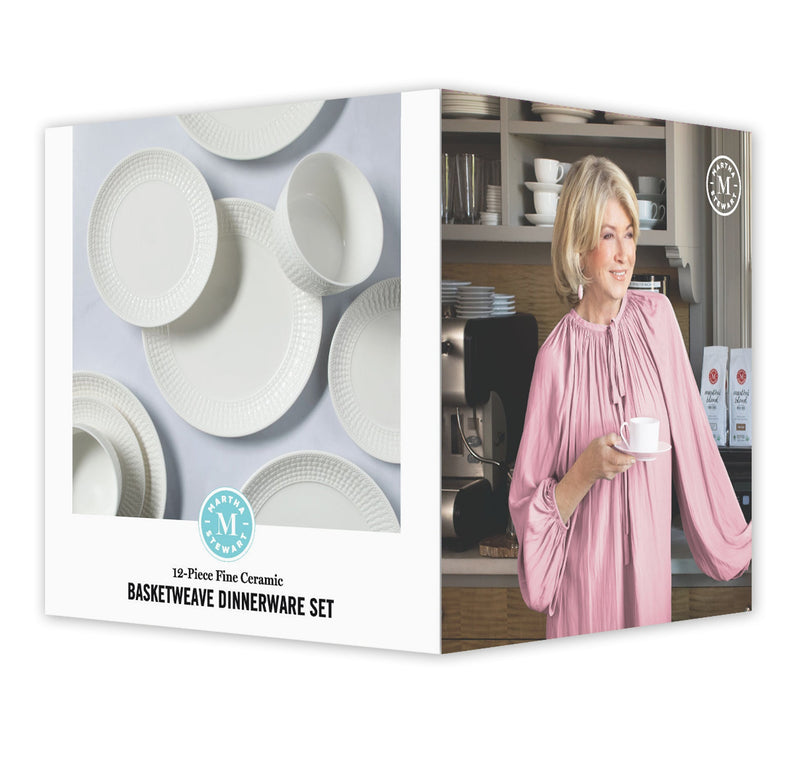 Martha Stewart Basket Weave 12pc Dinnerware Set - White - Embossed - Fine Ceramic - Gift Box