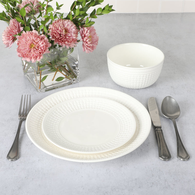 Martha Stewart Basket Weave 12pc Dinnerware Set - White - Embossed - Fine Ceramic - Gift Box