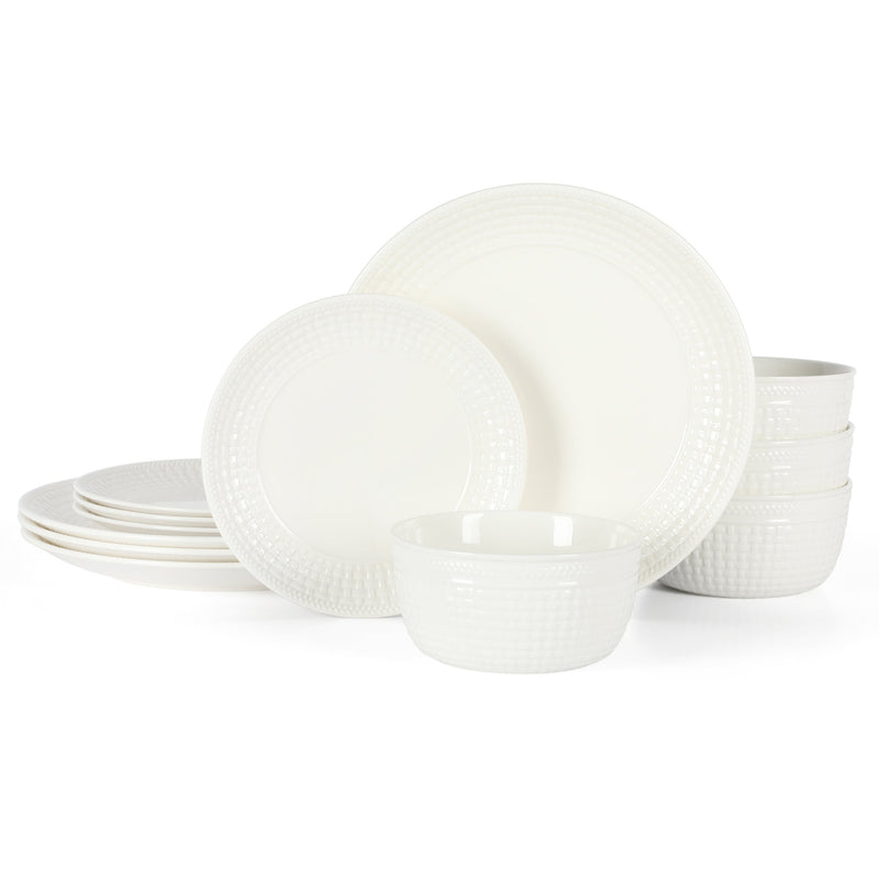 Martha Stewart Basket Weave 12pc Dinnerware Set - White - Embossed - Fine Ceramic - Gift Box
