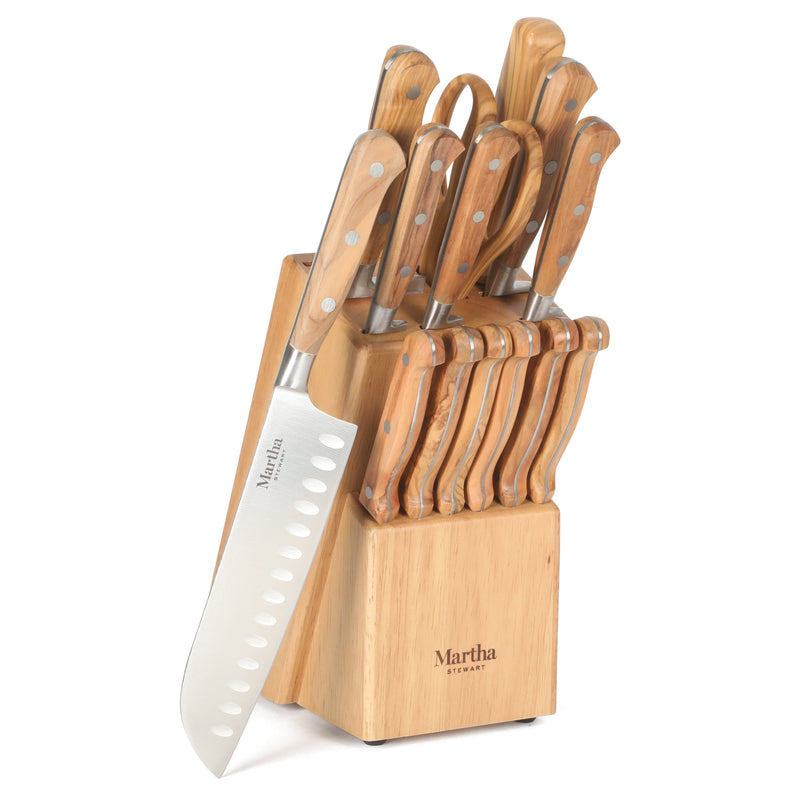 Martha Stewart Austenwood 15 pc Stainless Steel Cutlery Set - German Steel Blade - Olive Wood Handle - GBX w/ Remailer