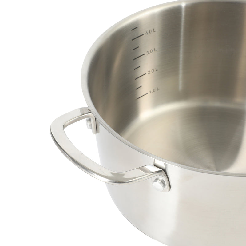 Sur La Table Kitchen Essential Chef's Deck 5.3 qt Stainless Steel Dutch Oven w/ Steamer & Glass Lid - Polish Exterior - Impact Bonded Base - Induction - Stainless Steel Hollow Handle - Color Sleeve w/ Remailer