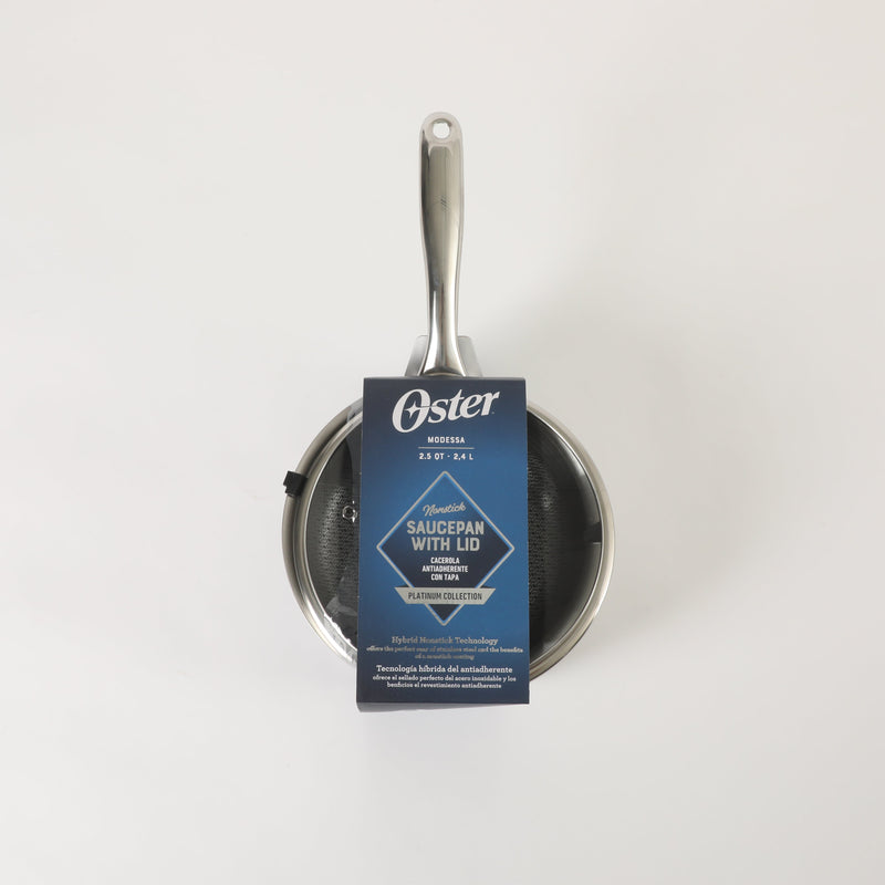 Oster Modessa 2.5qt Tri-Ply Stainless Steel Saucepan w/ Glass Lid - Etching Nonstick Interior - Long Handle - Color Sleeve
