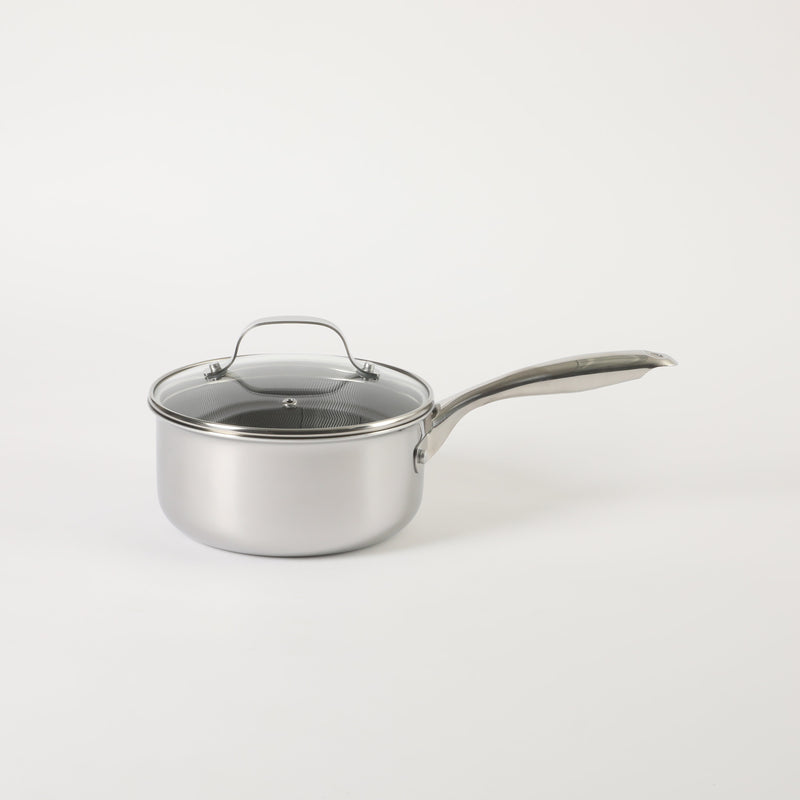 Oster Modessa 2.5qt Tri-Ply Stainless Steel Saucepan w/ Glass Lid - Etching Nonstick Interior - Long Handle - Color Sleeve