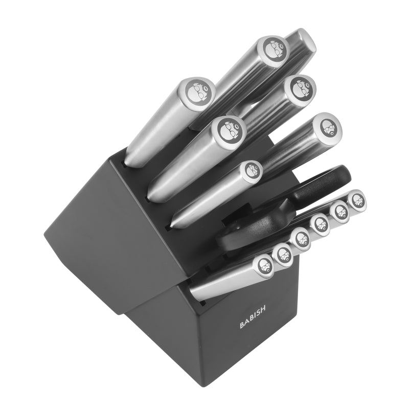 Babish 15 pc German Steel Cutlery Set w/ Black Rubber Wood Block - Gift Box w/ Remailer