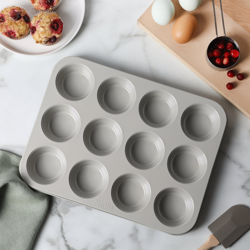 Martha Stewart Gallen 12 Cup Carbon Steel Muffin Pan - Cool Grey - Nonstick Interior - Color Label