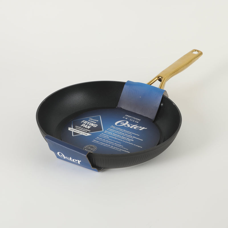 Oster Abbottsford 11" Aluminum Frying Pan - Matte Black Stripe - Nonstick - CD Bottom - Stainless Steel Gold Handle - Color Sleeve