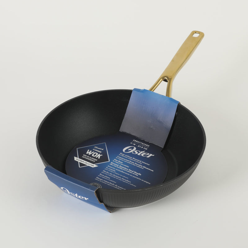 Oster Abbottsford 11" Aluminum Wok - Matte Black Stripe - Nonstick - CD Bottom - Stainless Steel Gold Handle - Color Sleeve