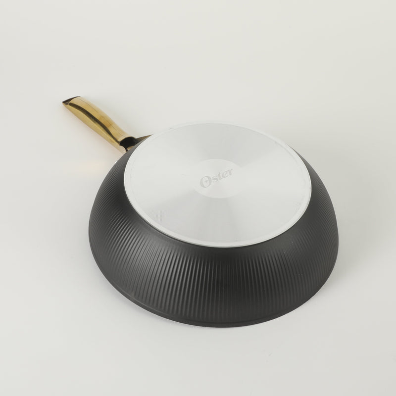 Oster Abbottsford 11" Aluminum Wok - Matte Black Stripe - Nonstick - CD Bottom - Stainless Steel Gold Handle - Color Sleeve