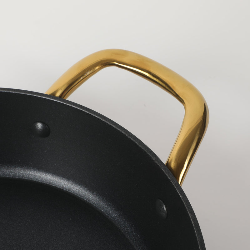 Oster Abbottsford 4qt Aluminum Sauté Pan w/ Flat Glass Lid - Matte Black Stripe - Nonstick - CD Bottom - Stainless Steel Gold Handle - Color Sleeve
