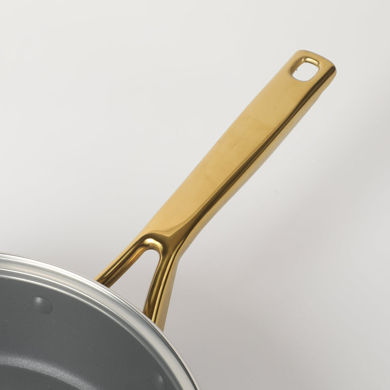 Oster Abbottsford 4qt Aluminum Sauté Pan w/ Flat Glass Lid - Matte Black Stripe - Nonstick - CD Bottom - Stainless Steel Gold Handle - Color Sleeve