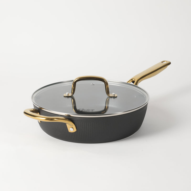 Oster Abbottsford 4qt Aluminum Sauté Pan w/ Flat Glass Lid - Matte Black Stripe - Nonstick - CD Bottom - Stainless Steel Gold Handle - Color Sleeve