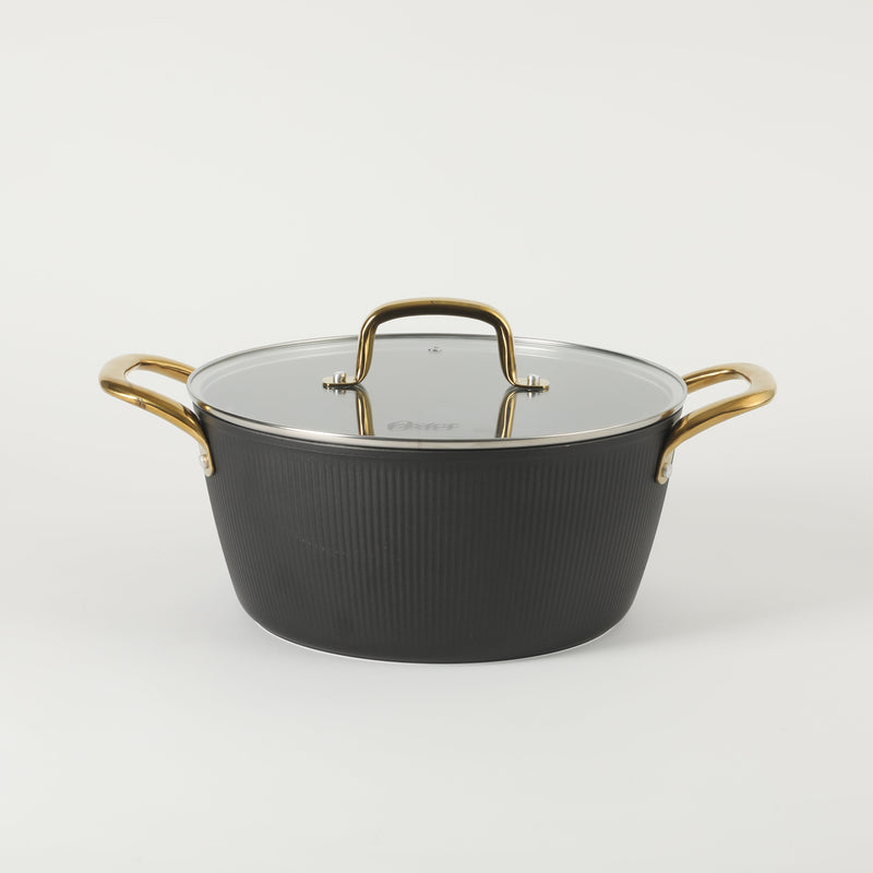 Oster Abbottsford 7qt Aluminum Dutch Oven w/ Flat Glass Lid - Matte Black Stripe - Nonstick - CD Bottom - SS Gold Handle - O/S - Color Sleeve
