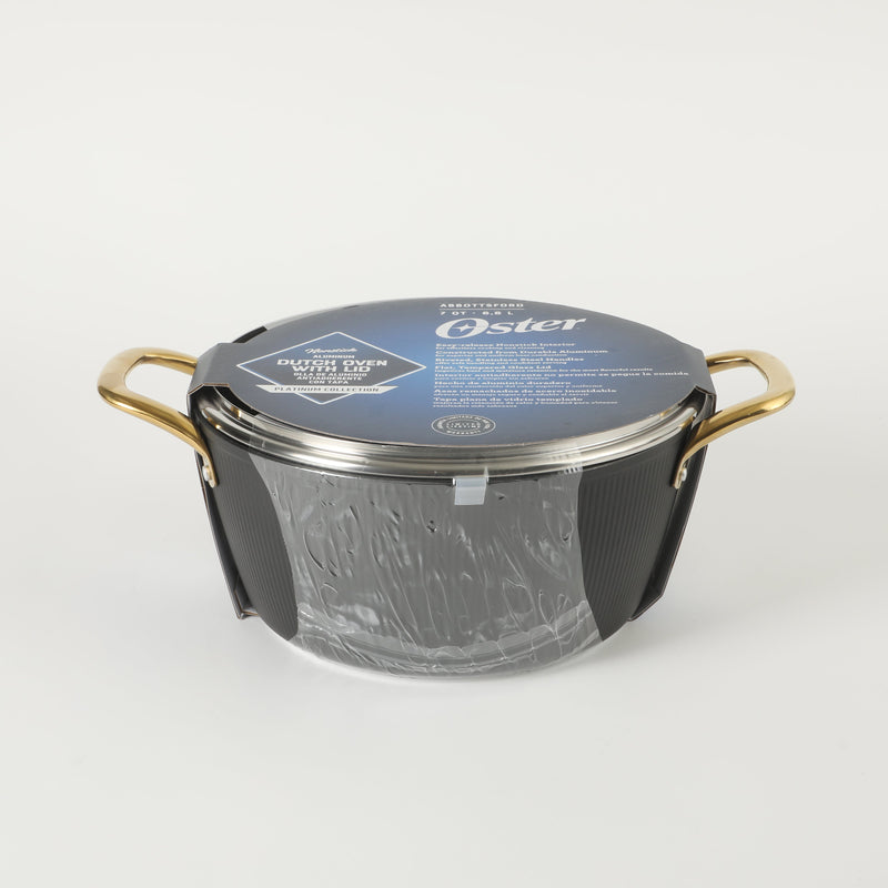 Oster Abbottsford 7qt Aluminum Dutch Oven w/ Flat Glass Lid - Matte Black Stripe - Nonstick - CD Bottom - SS Gold Handle - O/S - Color Sleeve