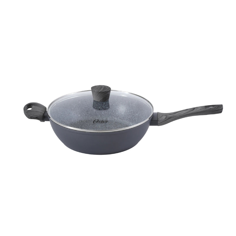 Oster Packham 4qt Aluminum Sauté Pan w/ Glass Lid - Grey - Whitford Granite Speckle Int - Induction - Grey Wood Look Soft Touch Handle - O/S - Color Sleeve