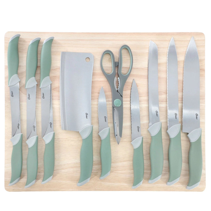 Oster Lindbergh 14pc Stainless Steel Cutlery Set w/ Rubberwood Cutting Board - TPR/PP Handle - Clam Pack