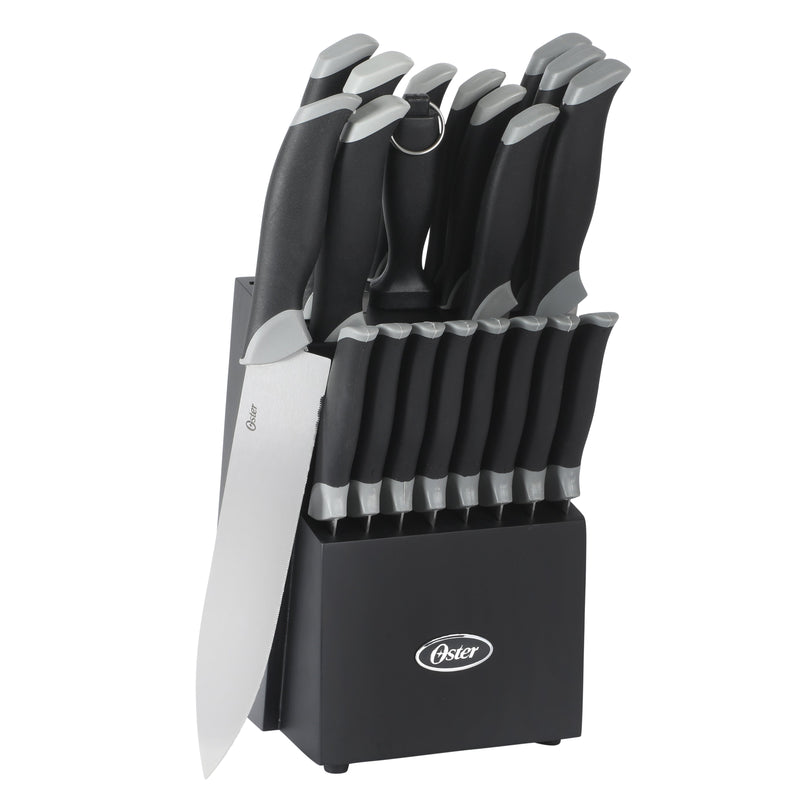 Oster Lindbergh 22pc Stainless Steel Cutlery Set w/ Black Wood Block - Grey/Black - TPR/PP Handle - Gift Box