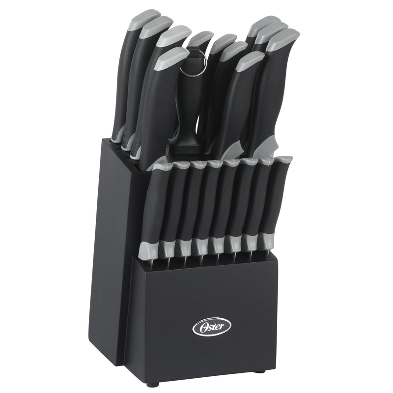 Oster Lindbergh 22pc Stainless Steel Cutlery Set w/ Black Wood Block - Grey/Black - TPR/PP Handle - Gift Box