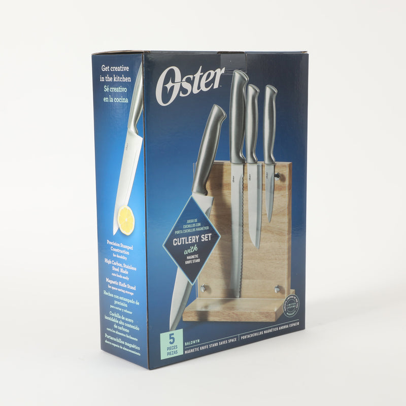 Oster Baldwyn 5pc Cutlery Set w/ Rubber Wood Magnetic Stand - SS - GBX