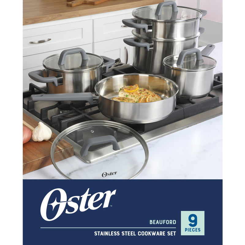 Oster Beauford 9 pc Stainless Steel Cookware Set - Soft Touch Handle - Gift Box
