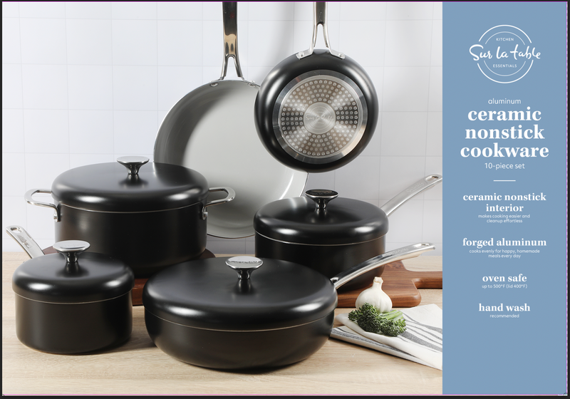 Sur la Table Kitchen Essentials Potluck Porch 10pc Aluminum Cookware Set w/ Aluminum Lid - Ceramic Interior - Induction Base - Stainless Steel Hollow Handle - Gift Box w/ Remailer