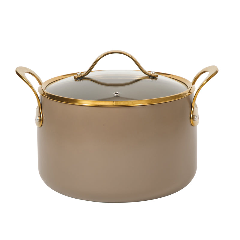 Bloomhouse 8qt Aluminum Stockpot w/ Lid - Cappuccino - Taupe Ceramic Non-Stick Interior - Induction - Cast Stainless Steel Gold PVD Handle - Gift Box w/ Remailer